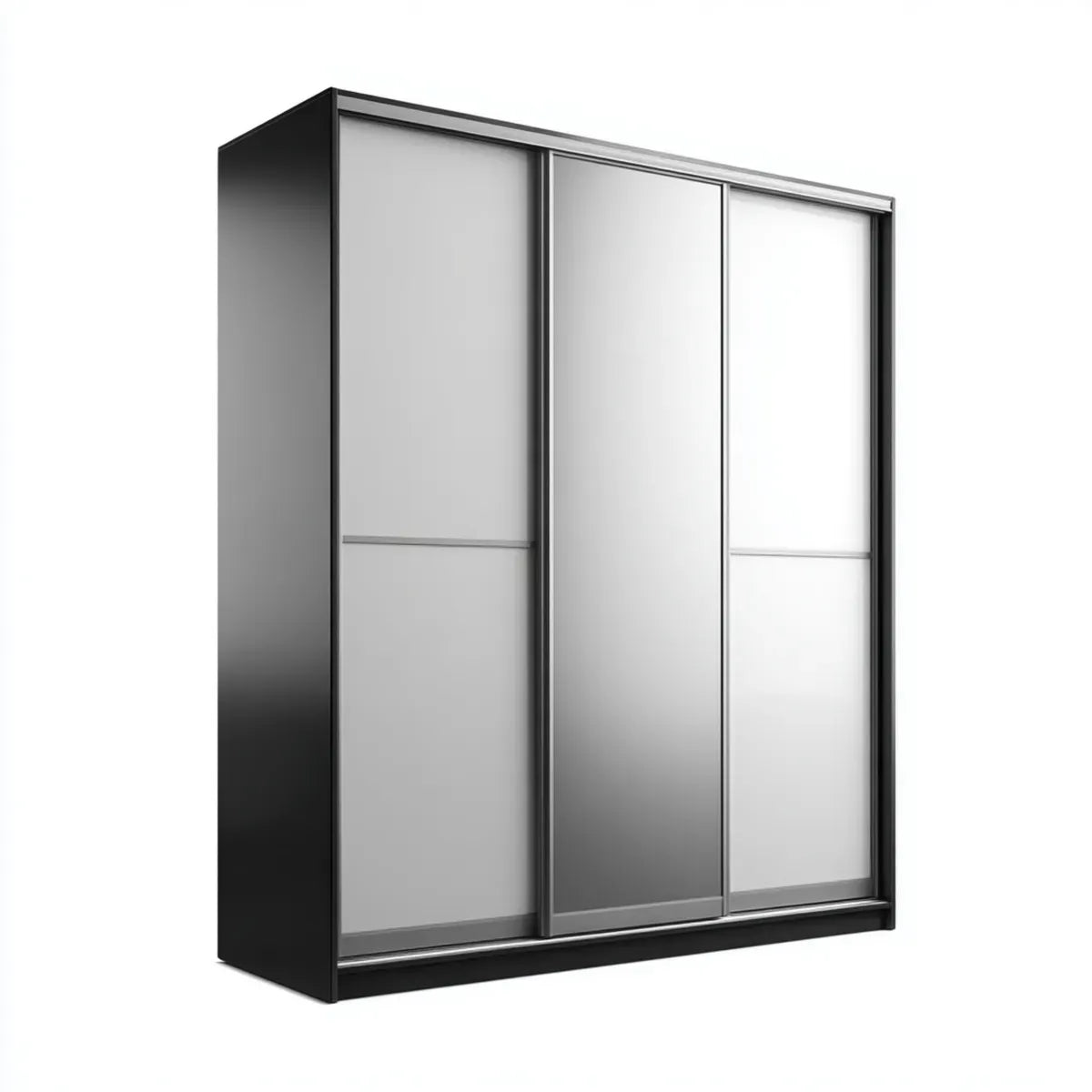Schwebetürenschrank Schwarz Silber 180 x 60 x 220 cm aus melaminharzbeschichteter Spanplatte mit Spiegelglas rechteckig