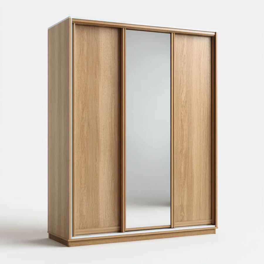Schwebetürenschrank Eichefarben mit Spiegel 180 x 60 x 220 cm aus Spanplatte rechteckig